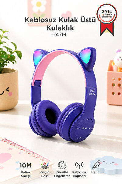 Torima Bluetooth Kulaklık Kulak Üstü Kedi Figürlü Kablosuz Kulaklık P47M Mor
