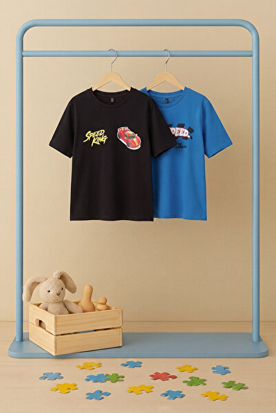 TRENDYOLKIDS تي شيرت محبوك مطبوع للأولاد باللونين الأسود والأزرق مكون من قطعت...