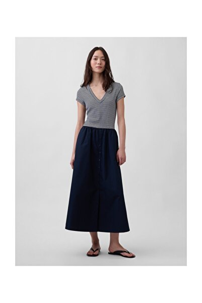 GAP SS BTN FRONT MIXED MEDIA MAXI-KLEID MARINEBLAU GESTREIFT 100% Baumwolle B...