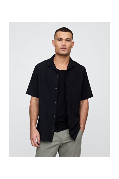GAP Koszula V-SS STANDARD LINEN COTTON RESORT COLLAR BLACK 1 55% Len Bawełna ...