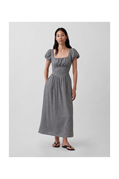 GAP SS DROPWAIST LEINEN-MAXIKLEID SCHWARZ GINGHAM 55% Leinen Europäischer Fla...