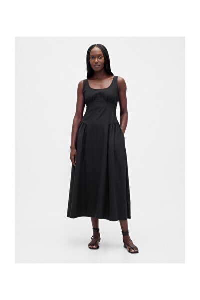 GAP SL Gerafftes Maxikleid in Echtem Schwarz, 55% Leinen nach Europäischer No...