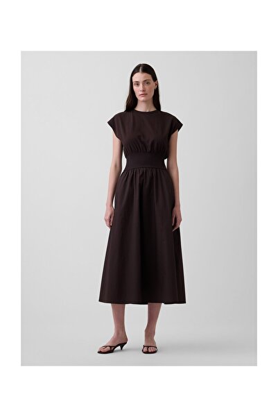 GAP SS MIXED MEDIA Gerafftes Midikleid Terrabraun 69% Viskose-Rayon Konventio...