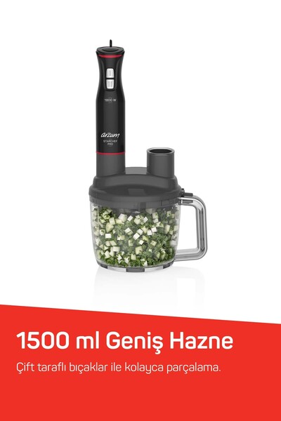 Arzum AR1204 Starchef Pro 1800W 4 Bıçaklı 1.5 L Hazneli 2 Kademeli Multi Blender Seti, Siyah
