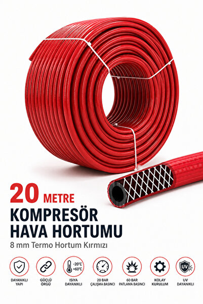 Badem10 (20 METRE) Kompresör Hava Hortumu 8 mm Termo Hortum Kırmızı Thermo