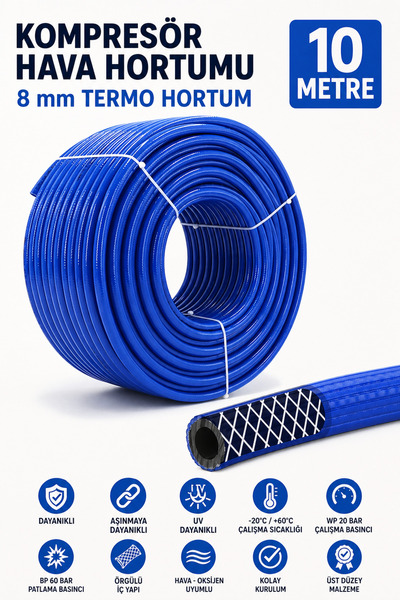 Badem10 (10 METRE) Kompresör Hava Hortumu 8 mm Termo Hortum Mavi Thermo