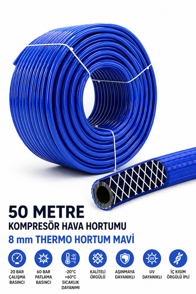 Badem10 (50 METRE) Kompresör Hava Hortumu 8 mm Termo Hortum Mavi Thermo