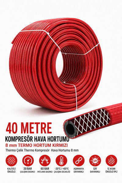 Badem10 (40 METRE) Kompresör Hava Hortumu 8 mm Termo Hortum Kırmızı Thermo