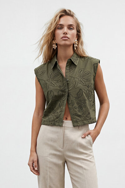 Trend Alaçatı Stili Πουκάμισο Premium Χακί Γκουπέρ με Υφαντό Επένδυση και Κρυ...