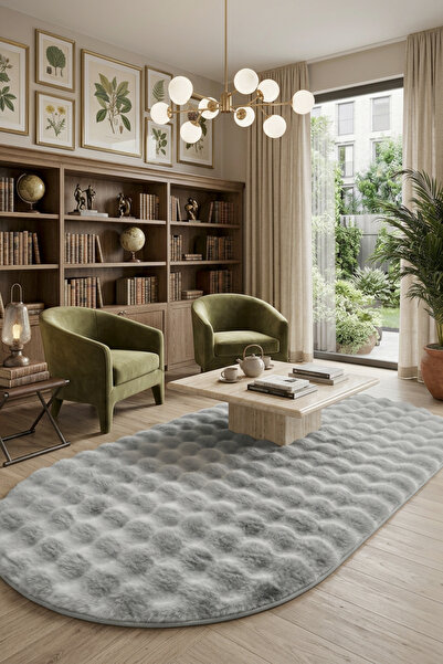 ALgorand Home Oval Peluş Halı Gri Kaymaz Taban Yıkanabilir Yumuşak Salon Yatak Odası Halısı