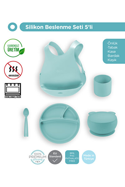 OiOi Beslenme Seti 5'li Aqua Green (tabak+bardak+önlük+kase+kaşık)