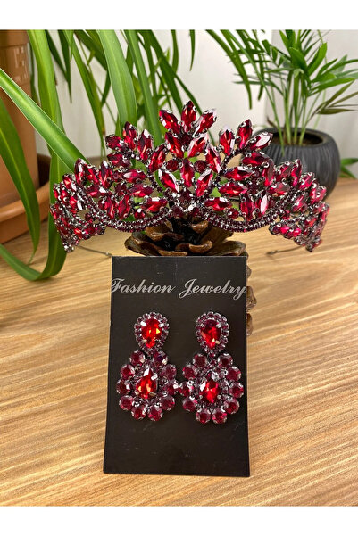 burgundy crystal stone bridal crown and earring