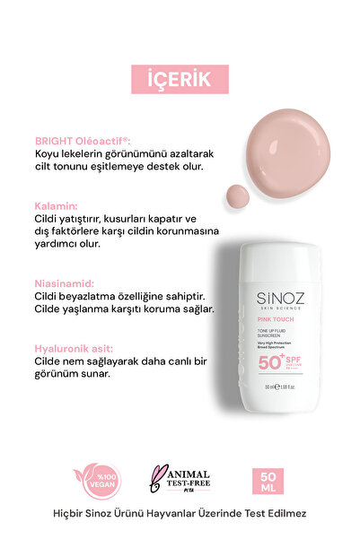 SİNOZ SPF50+ Pink Touch Aydınlatıcı Sıvı Yüz Güneş Kremi Yeni Nesil Filtreler Hibrit Formül 50ml - PA++++