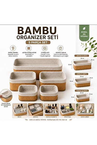 HÜCO BAZAAR 5'li Bambu A Kalite Organizer Depolama Çok Amaçlı Saklama Sepet K...