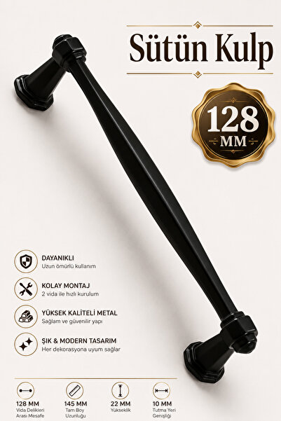 Badem10 Sütün (128 MM - 12.8 CM) Siyah Metal Mobilya Mutfak Çekmece Dolabı Do...