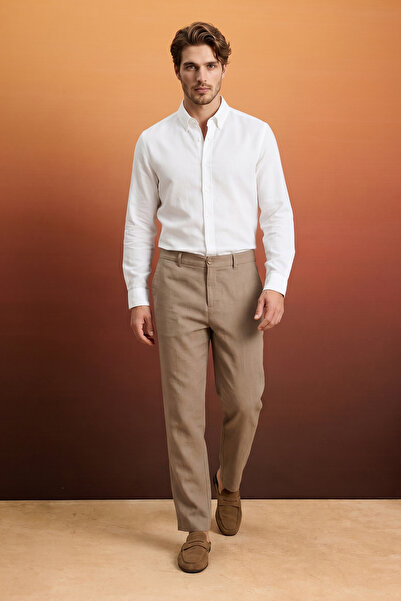 Trendyol Kollektion Nerzfarbene Herrenhose aus 100 % Leinen mit elastischem B...