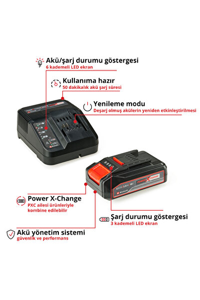 Einhell Orijinal Einhell 18 V 2.5 Ah PXC Başlangıç Kiti (Akü ve Şarj Cihazı, 3'lü LED gösterge) - 4512097