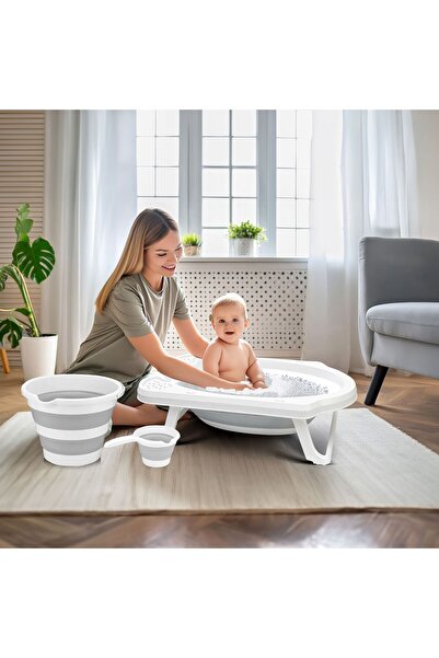 Wellgro Bebek Küveti, 3 Parça Küvet Seti, Katlanır Banyo Küveti