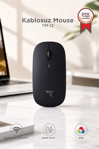 Torima Mouse Sessiz Ergonomik Rgb Işıklı Kablosuz Optik Fare TM12 Siyah