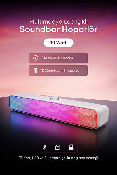 Mikado MD-SBT31 Beyaz 5W*2 1200mAh BT,RGB,TF Card,Type-C ,USB Soundbar Speaker
