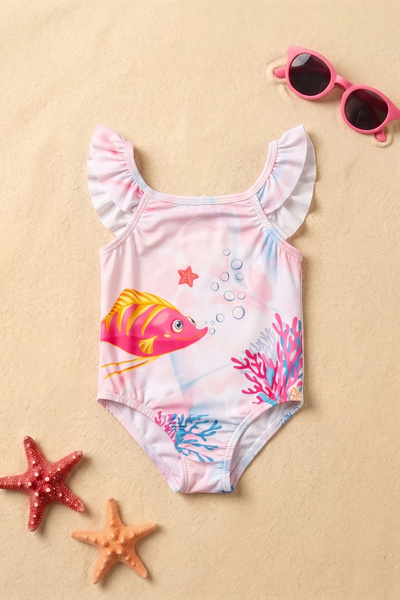 Minipodyum Costum de baie pentru fete cu imprimeu pește cu detaliu cu volane