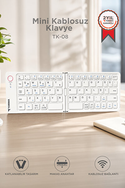 Torima Kablosuz Klavye Bluetooth Katlanabilir Şarjlı Mini Klavye TK08 Beyaz