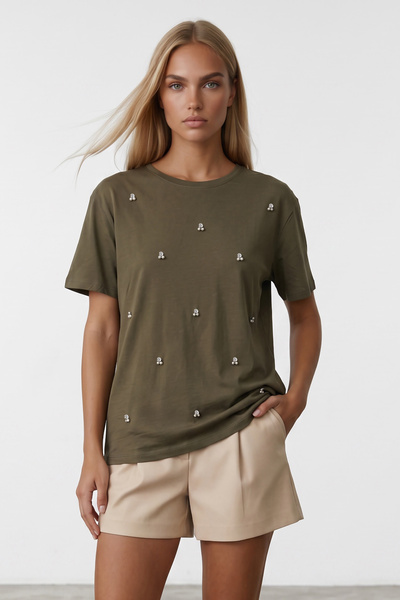 Trend Alaçatı Stili Haki Bisiklet Yaka Oversize İnci Ve Taş İşlemeli T-Shirt ...