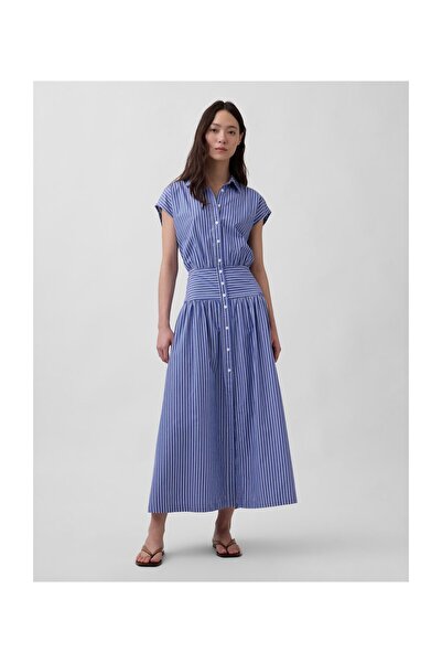 GAP SS Rochie-cămașă maxi cu talie joasă, cu dungi albastre, 100% Bumbac Bett...