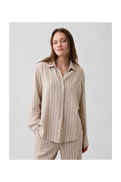 GAP V-LINEN EASY SHIRT WHITE KHAKI STRIPE 55% льон Європейський лен стандартн...