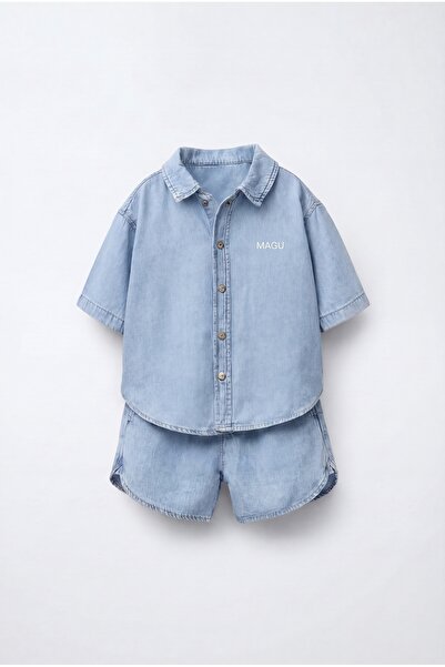 Magu Erkek Çocuk Oversize Denim Mavi Gömlek Şort Takım - Yazlık İkili Takım