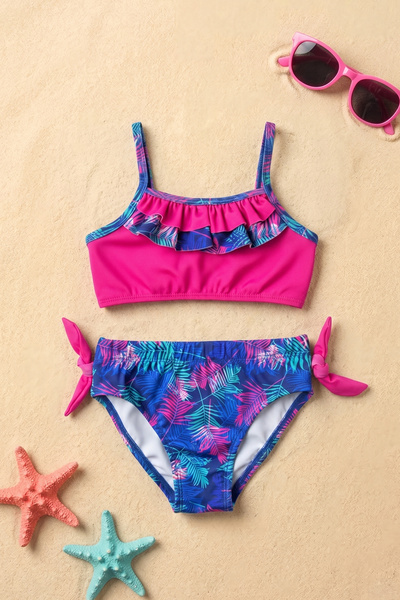 Minipodyum Yaprak Desenli Kız Çocuk Bikini Takımı