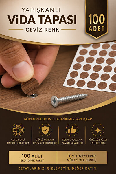 Badem10 Yapışkanlı Yapıştırma Vida Tapası (CEVİZ Renk) Tıpası Beyaz Vida Kapa...