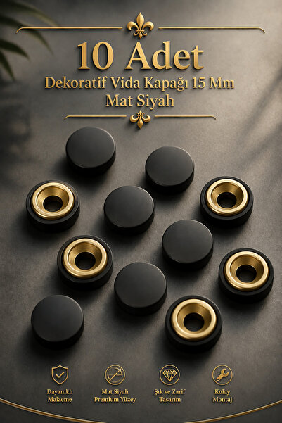 Badem10 Dekoratif Vida Kapağı Kapatıcı 15 Mm Mat Siyah Metal Vida Tapası Tıpa...