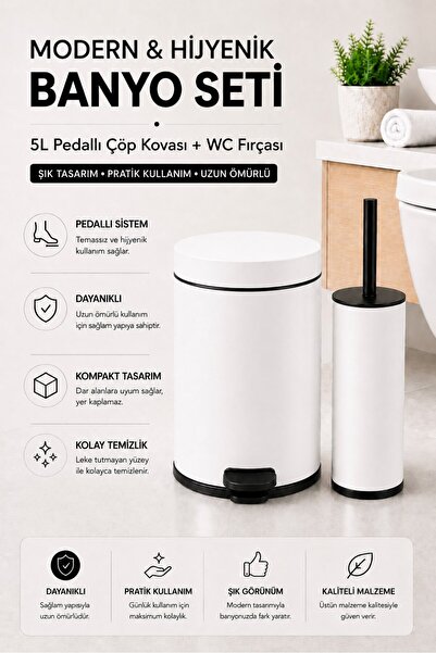 Sas Haus Pedallı Çöp Kovası 5 Litre İç Kovalı Kapaklı Tuvalet Fırçalı Banyo Seti Beyaz - Titan 7105