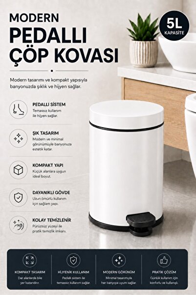 Sas Haus Pedallı Çöp Kovası 5 Litre İç Kovalı Kapaklı Banyo Çöp Kutusu Beyaz - Titan 7005