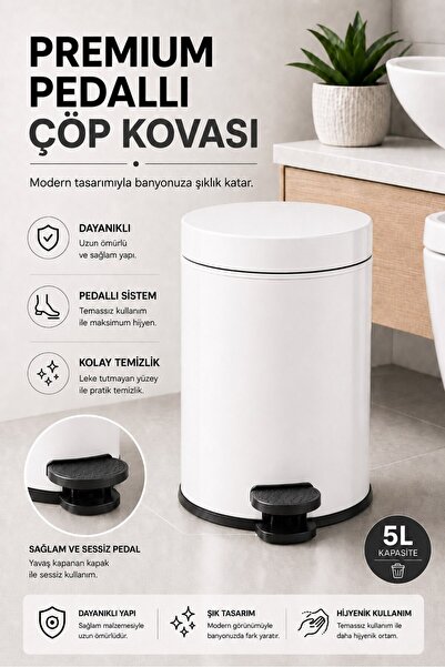 Sas Haus Pedallı Çöp Kovası 5 Litre İç Kovalı Kapaklı Tuvalet Fırçalı Banyo Seti Beyaz - Titan 7105