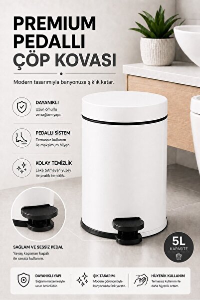 Sas Haus Pedallı Çöp Kovası 5 Litre İç Kovalı Kapaklı Banyo Çöp Kutusu Beyaz - Titan 7005
