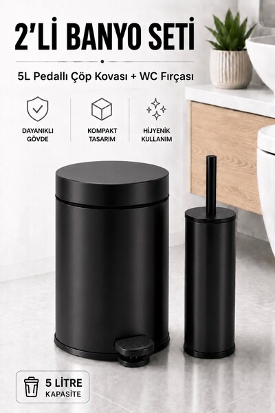 Sas Haus Pedallı Çöp Kovası 5 Litre İç Kovalı Kapaklı Tuvalet Fırçalı Banyo S...