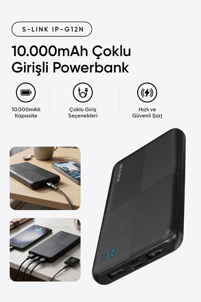 S-LINK IP-G12N 10000mAh Micro+Usb+ Type-C Giriş+Çıkış Siyah Taşınabilir Pil Ş...