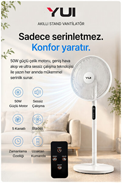 Yui F60 Beyaz 16 İnç 50W 8 Kademe 5 Pervane Döner Başlıklı Uzaktan Kumandalı ...