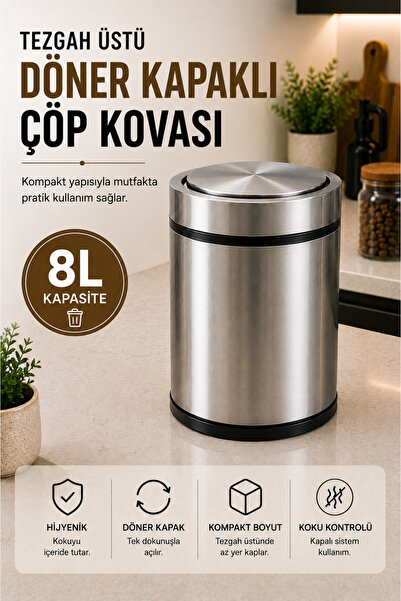 Sas Haus Premium 8 Litre Krom Minimalist Paslanmaz Çelik Tezgah Üstü Çöp Kova...