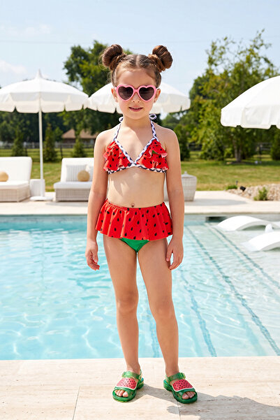 Minipodyum Set bikini pentru fete, cu model pepene verde triunghiular, roșu-v...