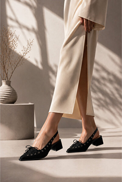 Women's Black Suede Shoelace Detailed Pointed Toe Stylish Heels