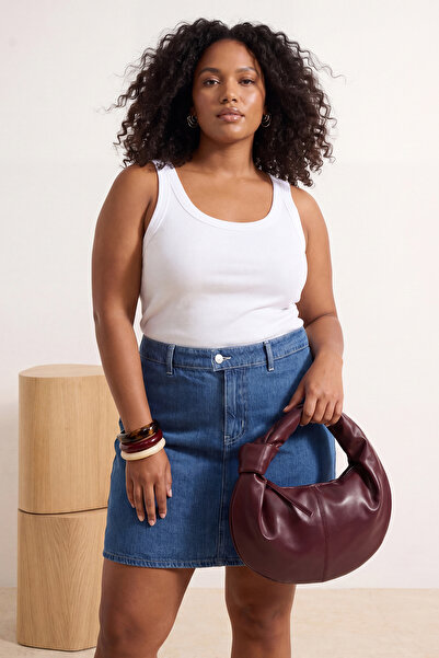 Trendyol Curve Dark Blue High Elastic Waist Mini 100% Cotton Non-Stretch Deni...