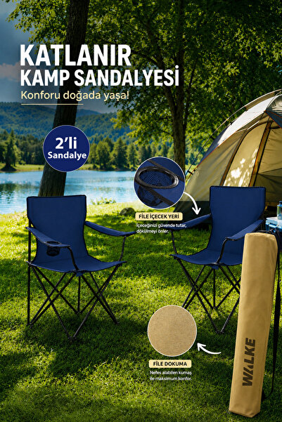 Walke 2 Li Katlanabilir Kamp Sandalyesi Piknik Sandalyesi Plaj Sandalyesi Mav...