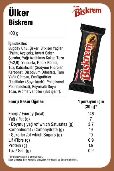 Ülker BİSKREM Kakaolu Krema Dolgulu Bisküvi - 100 gram - 18 Adet