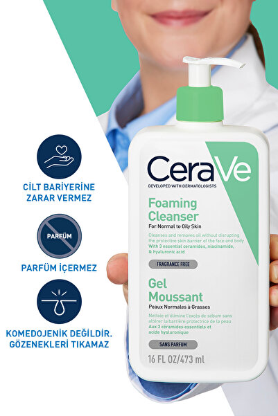 CeraVe Normal ve Yağlıya Dönük Ciltler için Niasinamid İçerikli Yağdan Arındıran Köpüren Temizleyici 473 ml