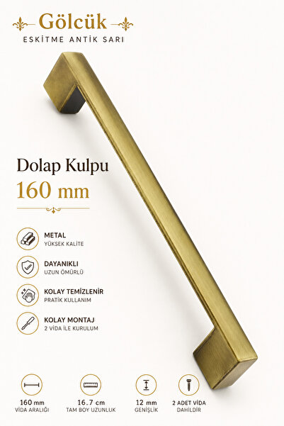 Badem10 Gölcük (160 MM - 16 CM) Metal Eskitme Antik Sarı Mobilya Mutfak Çekme...