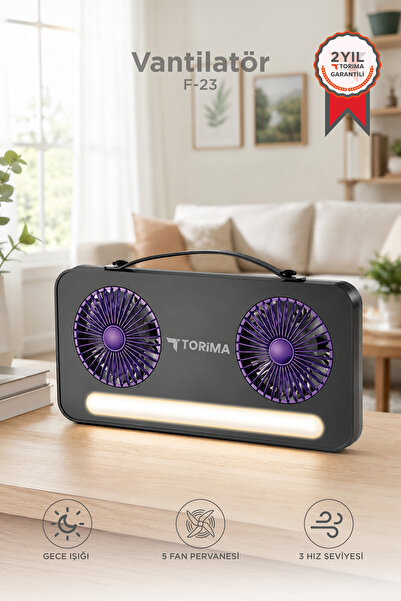 Torima Vantilatör Led Işıklı Şarjlı Çift Fanlı Mini Masaüstü Fan 1200 Mah F23...
