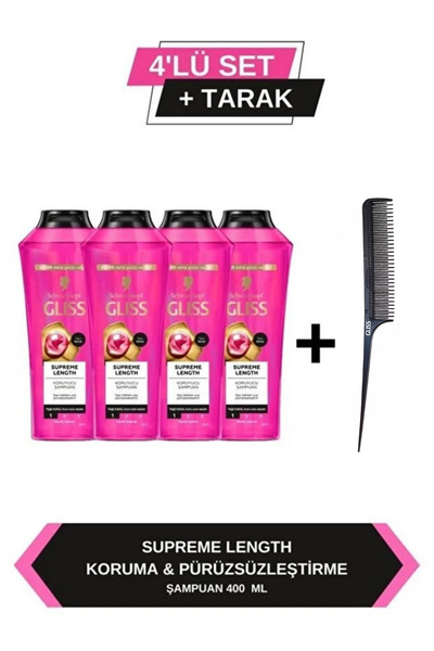 Gliss Supreme Length Uzun Saçlara Özel Şampuan 400 ml X4 Adet + Tarak Hediyeli